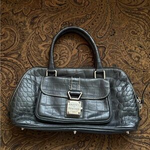 Dooney & Bourke Black Croc-Embossed Leather Satchel with Front Logo Plaque